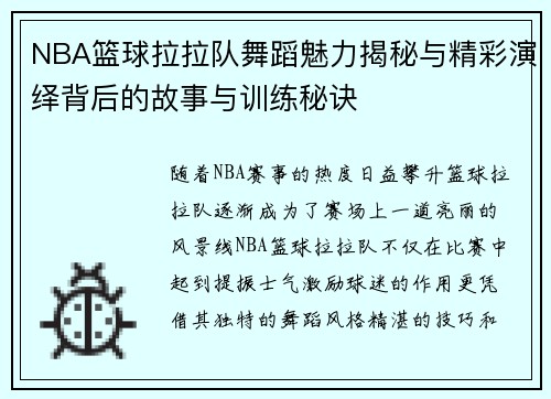 NBA篮球拉拉队舞蹈魅力揭秘与精彩演绎背后的故事与训练秘诀