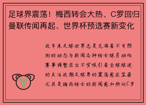 足球界震荡!梅西转会大热、C罗回归曼联传闻再起、世界杯预选赛新变化